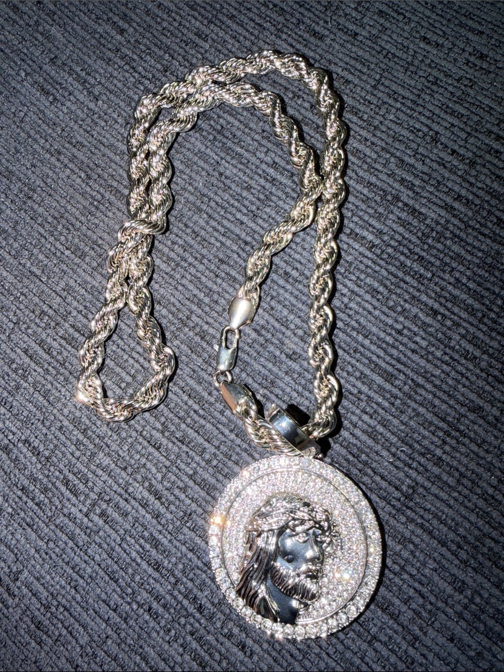 Men's Silver-Tone Jesus Medallion Rope Chain Necklace